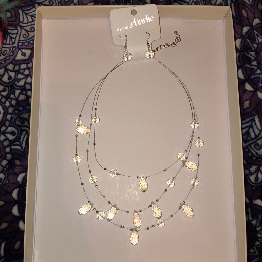 3-Strand Multi-Faceted Crystal Necklace & Earrings - Picture 2 of 7